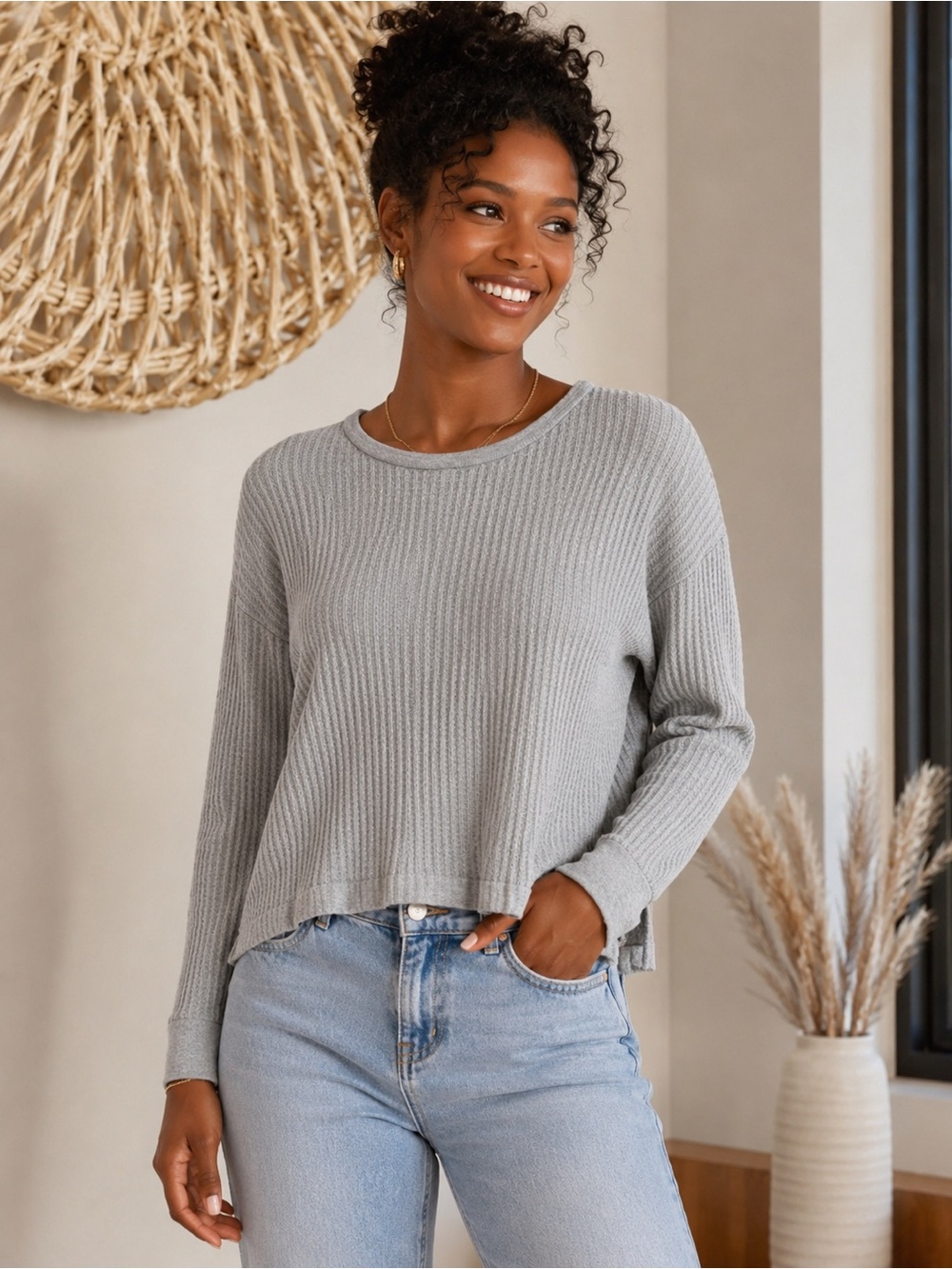 PST Los Angeles Gray Waffle Knit Long Sleeve Top NWT, size Medium